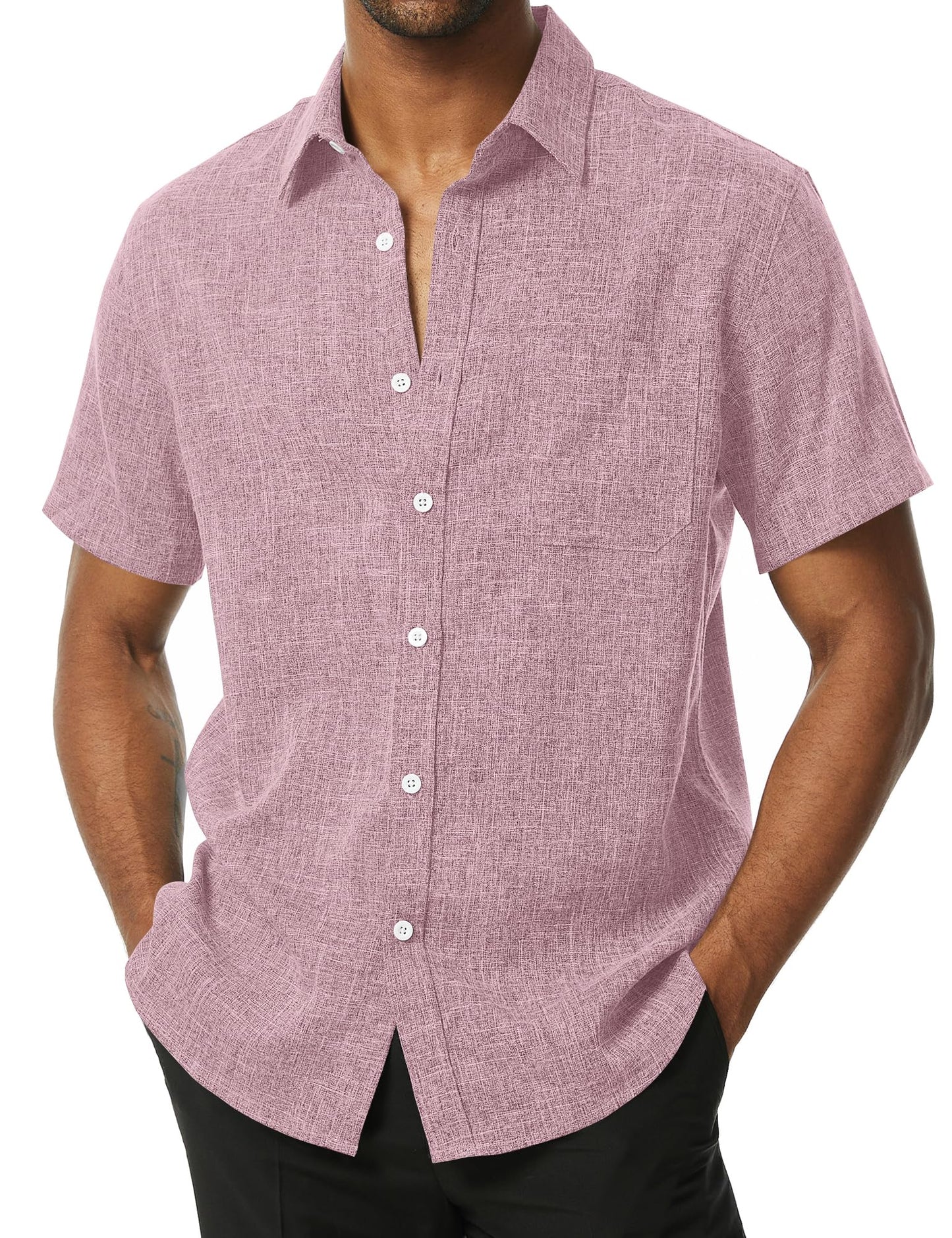 HOTPARKLEES Mens Wrinkle Free Short Sleeve Button Down Shirts Texture Linen Shirts Casual Vacation Beach Summer Tops