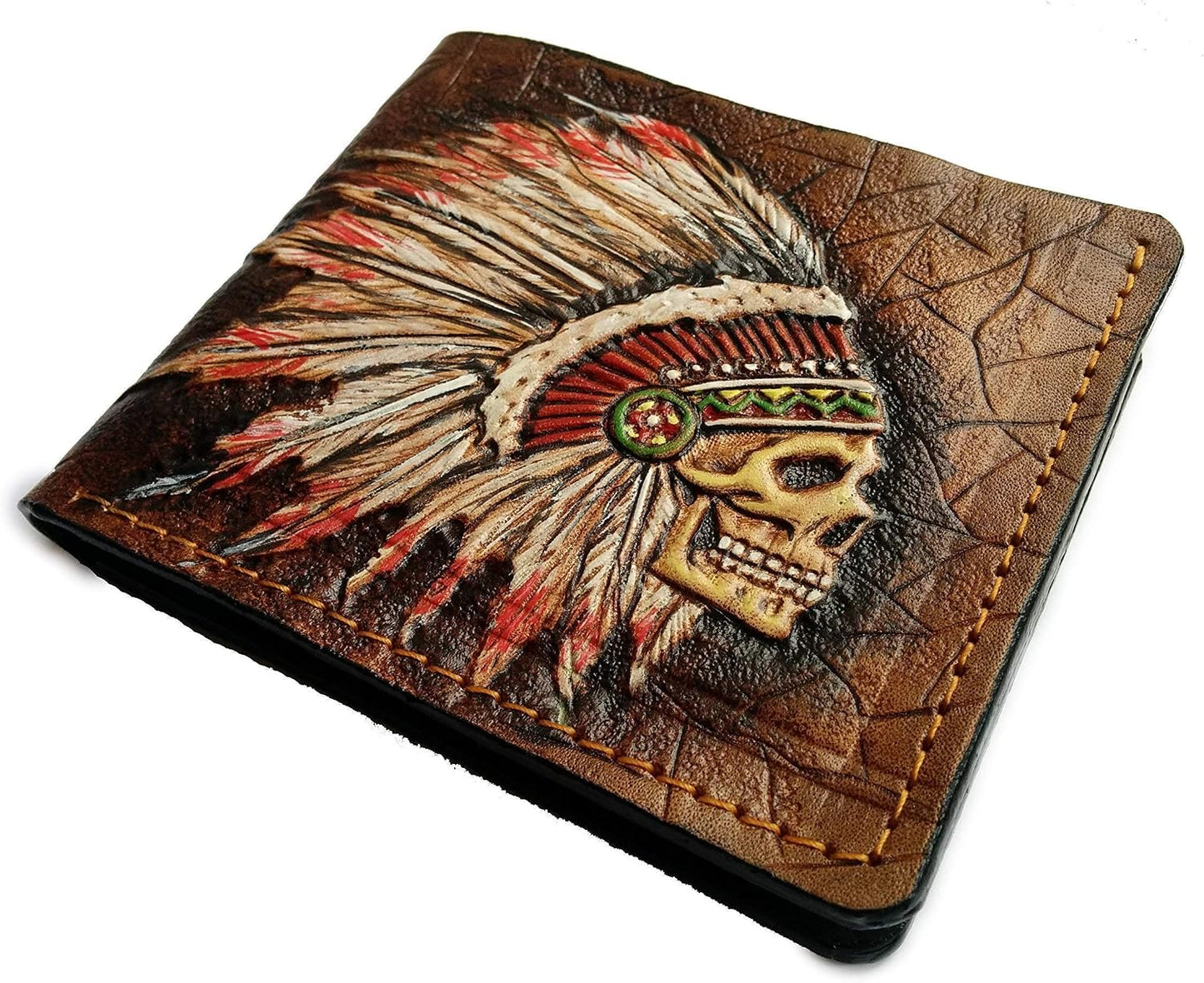 HOTIndian Chief Skull Leather Wallet for Men – Patriotic Native American Tribal Design with Feather Headdress – RFID Genuine Leather Bifold Biker Wallet, Carved & Tooled Wallet, Custom Personalized Gift