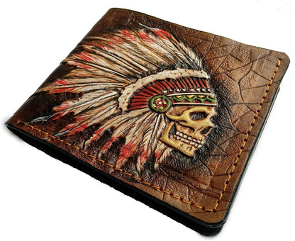 HOTIndian Chief Skull Leather Wallet for Men – Patriotic Native American Tribal Design with Feather Headdress – RFID Genuine Leather Bifold Biker Wallet, Carved & Tooled Wallet, Custom Personalized Gift