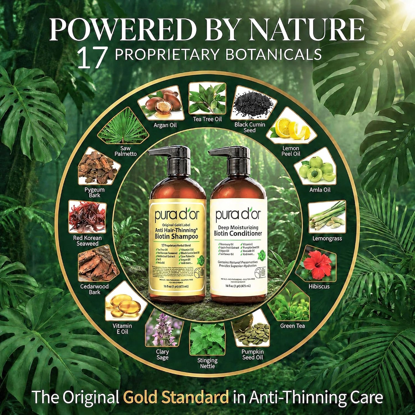HOTPURA D'OR Anti-Thinning Biotin Shampoo & Hair Regrowth Conditioner, CLINICALLY TESTED Effective Results, Thickening Herbal Blend For Women & Men, Original Gold Label Set, Natural Earthy Scent, 16oz x2