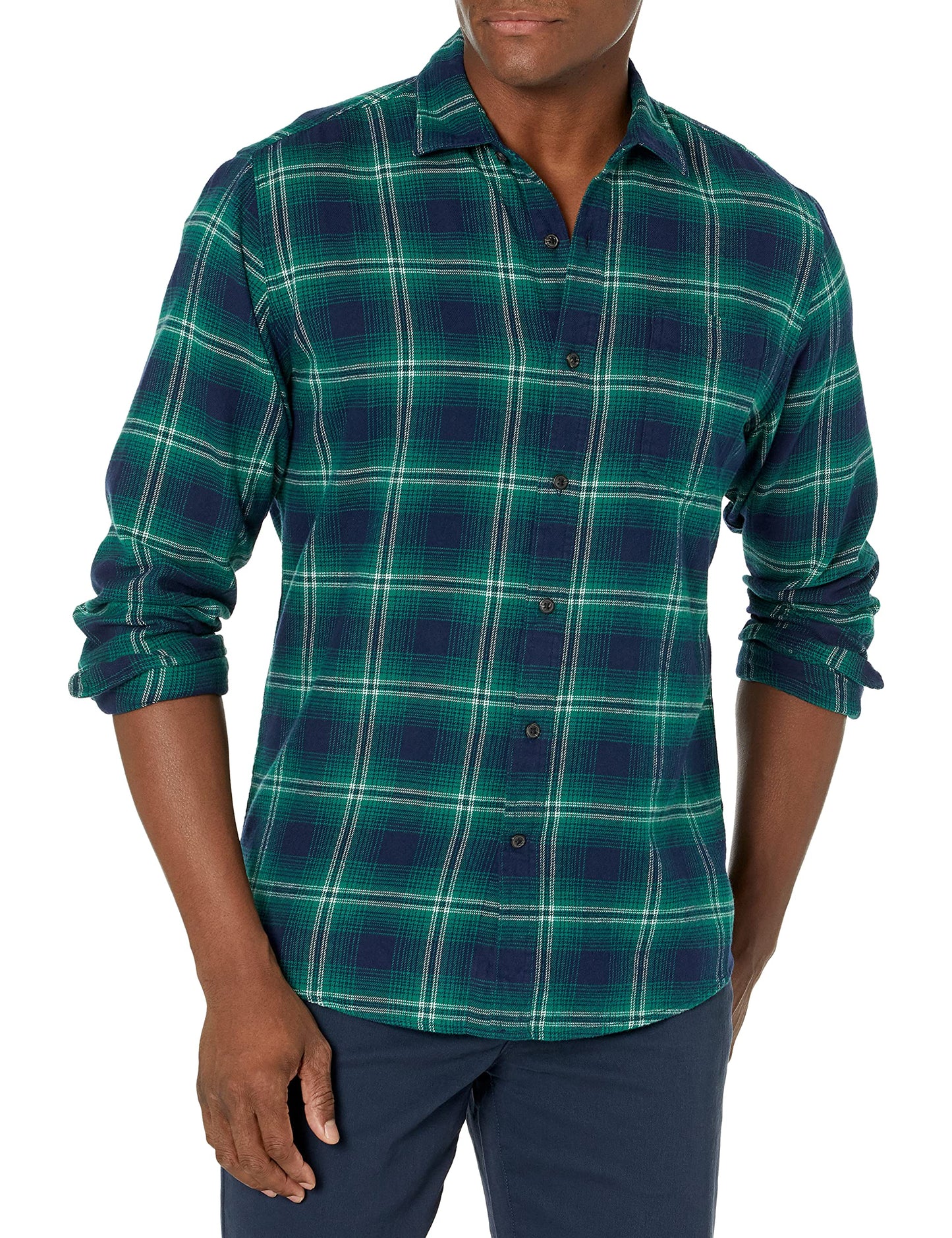HOTAmazon Essentials Men's Regular Fit Long-Sleeve Flannel Shirt, Soft Brushed Cotton, Lightweight yet Warm