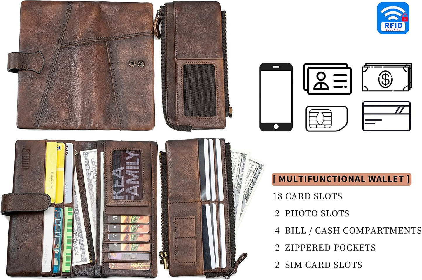 HOTWomen RFID Blocking Wallet Leather Vintage Large Capacity Credit Card Clutch Coffee