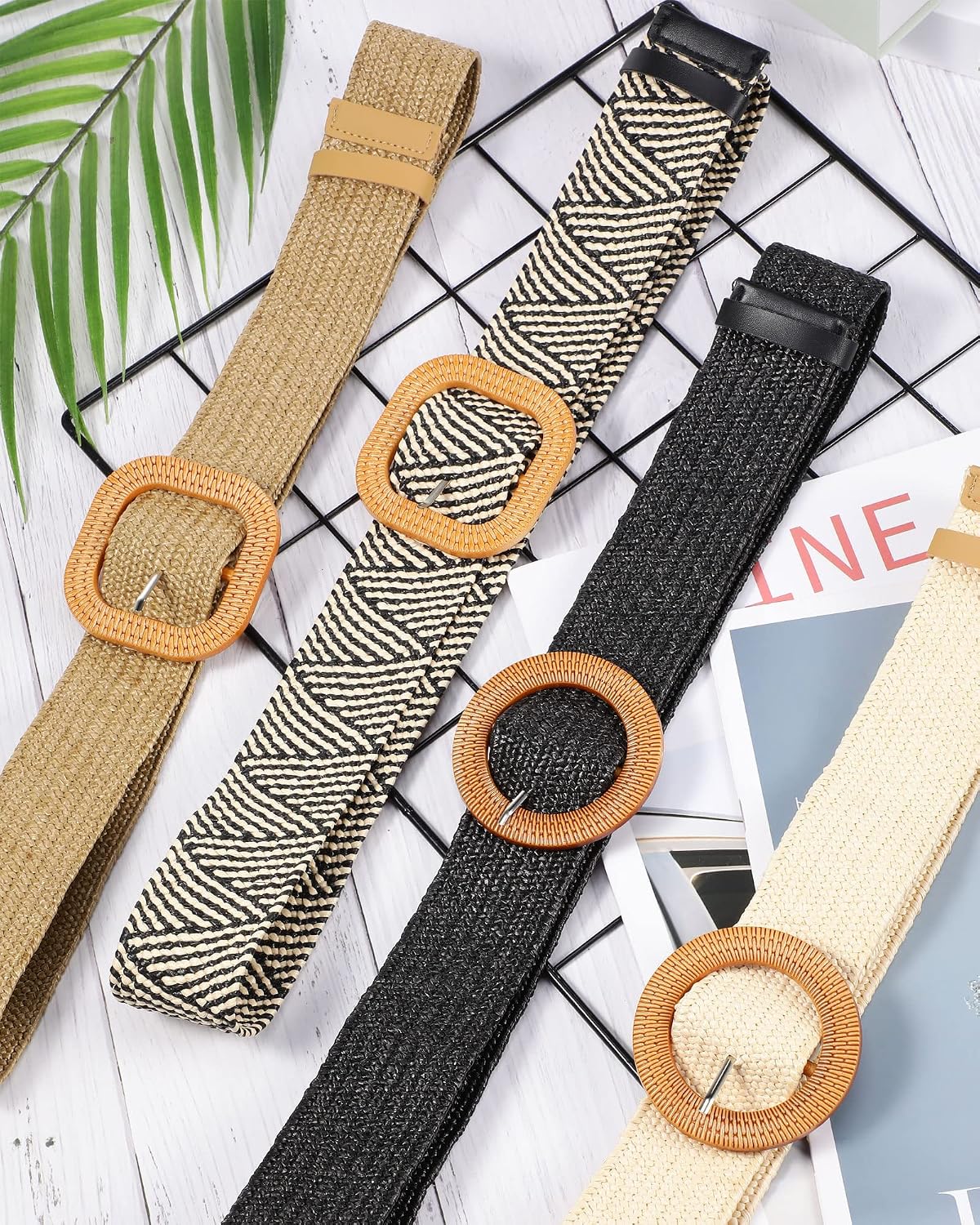HOTWILLBOND 4 Pcs Women's Elastic Raffia Woven Belt, Boho Rattan Buckle Stretch Straw Wide Waist Belt for Dresses Jeans Pants