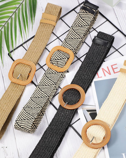 HOTWILLBOND 4 Pcs Women's Elastic Raffia Woven Belt, Boho Rattan Buckle Stretch Straw Wide Waist Belt for Dresses Jeans Pants