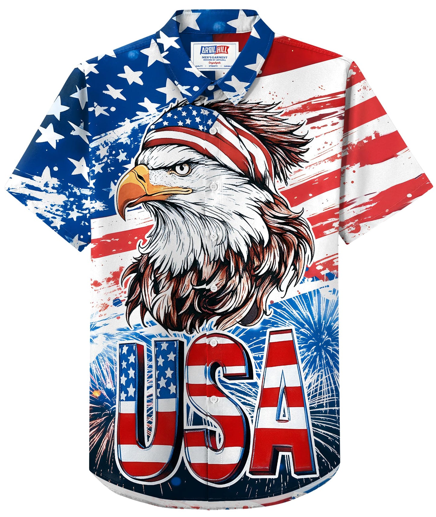 HOTArvilhill Men American Flag Button Shirt 4th of July Short Sleeve Shirts (S-3XL)