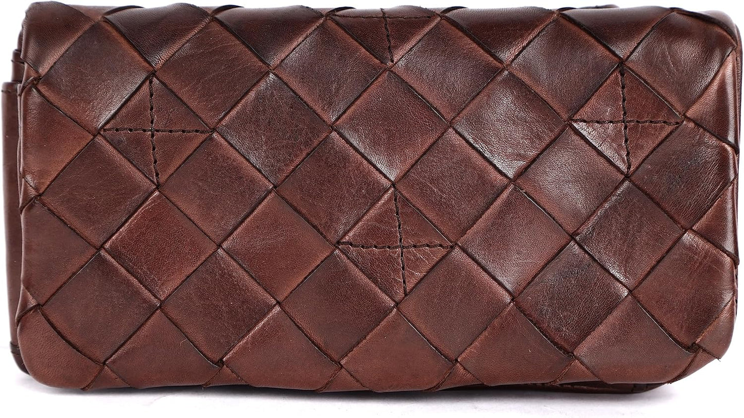 HOTGenuine Leather Wallets for Women, Small Wallet, Brown | Woven Leather Clutch Organizer, Zipper Coin Purse, Credit Card Holder with Strap, Multi Card Slots, Ladies, VL-167-BROWN