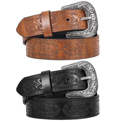 HOTWERFORU 2 Pack Women Western Leather Belts for Jeans Western Belts with Big Buckle Country Belts for Cowgirls