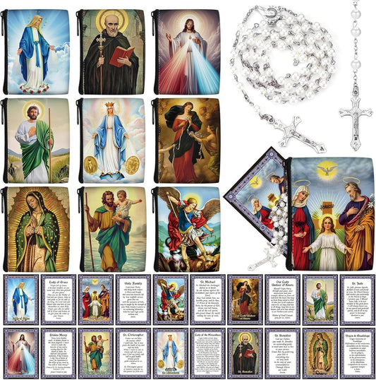 HOTQuelay 30 Pcs Catholic Rosary Pouch with Rosary Beads Necklace and Saint Prayer Cards Set Catholic Prayer Beads Bag with Zipper for Party Religious First Communion Christian Gifts