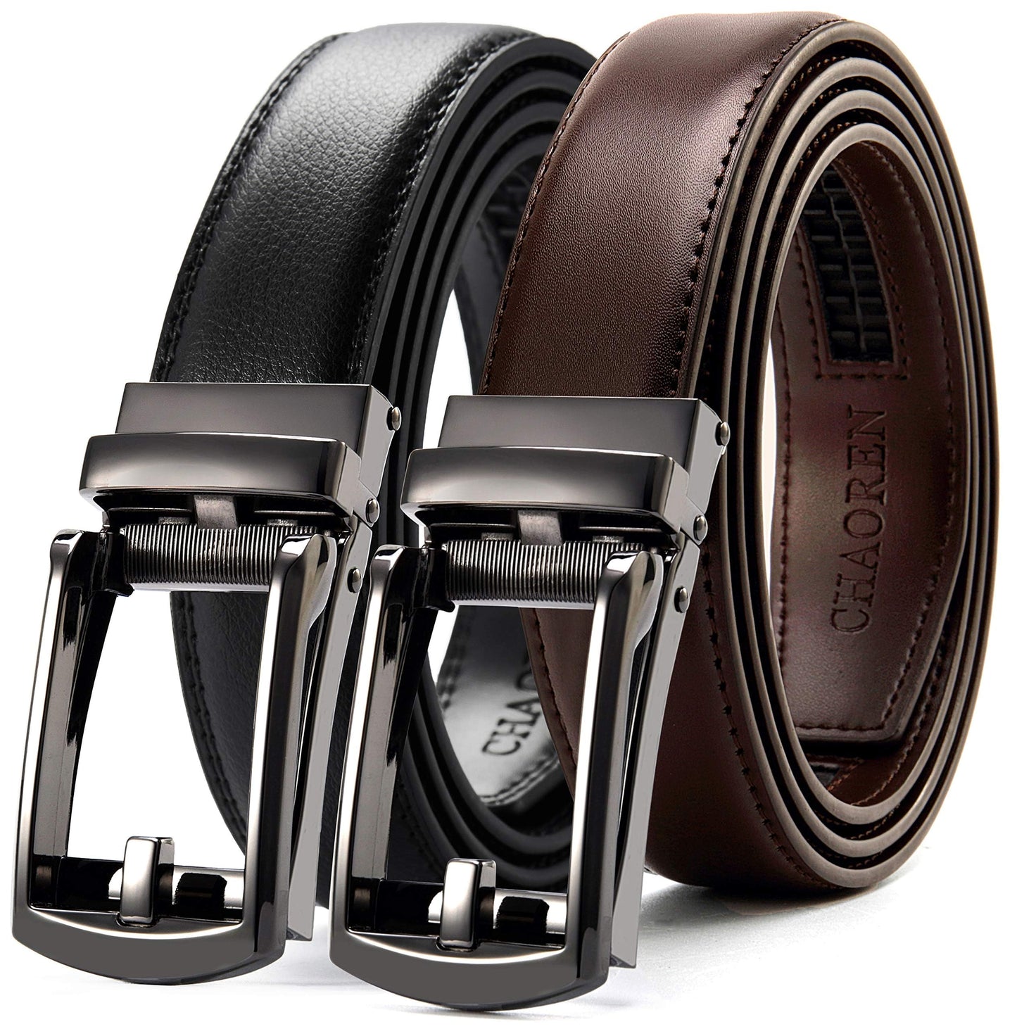 HOTCHAOREN Click Belt for Men 2 Pack - Mens Dress Belt 1 1/4" in Packing Box - Design Belt Meet Almost Any Outfit and Occasion