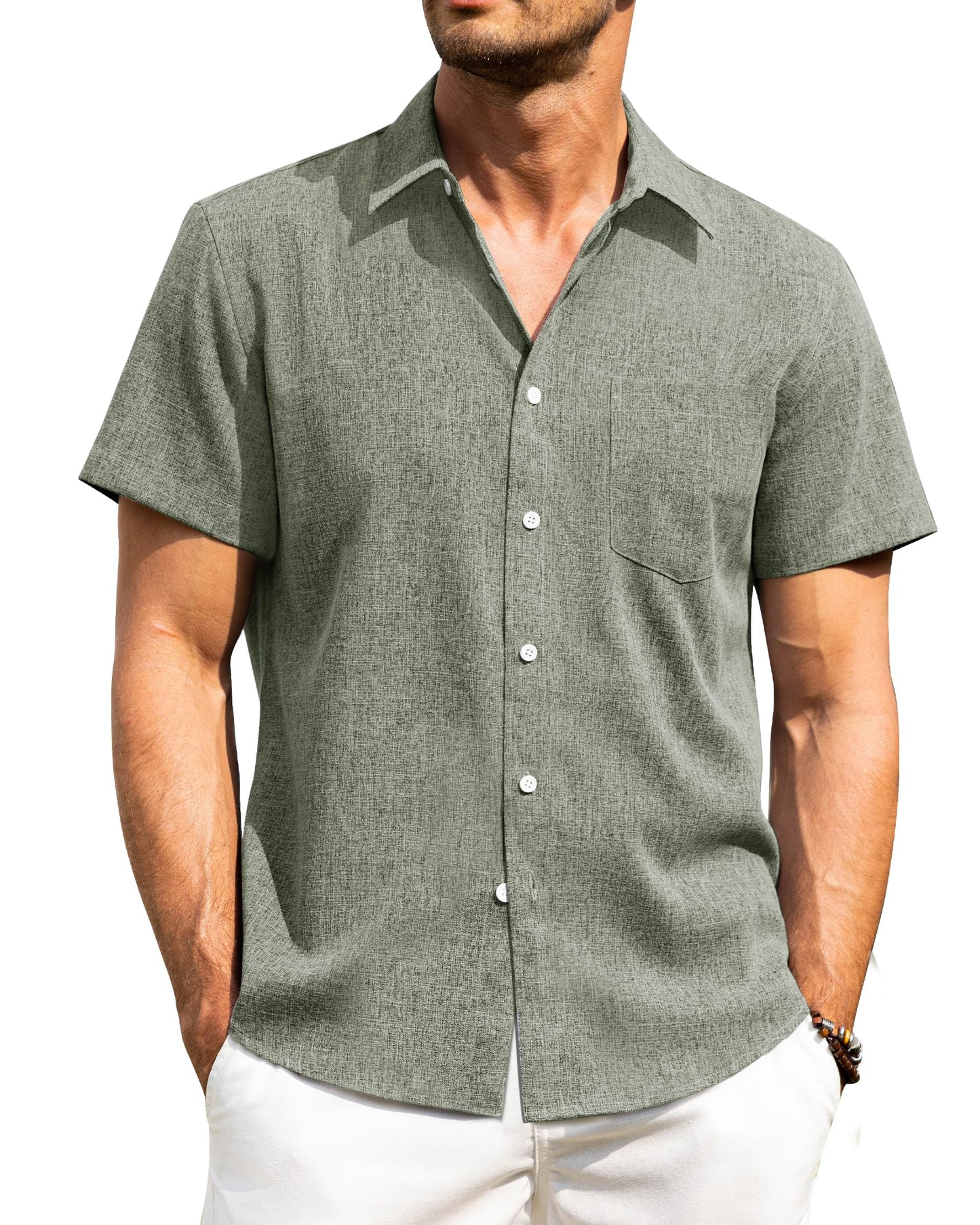 HOTAlimens & Gentle Mens Linen Shirts Short Sleeve Button Down Shirts Wrinkle Free Casual Vacation Beach Summer Tops