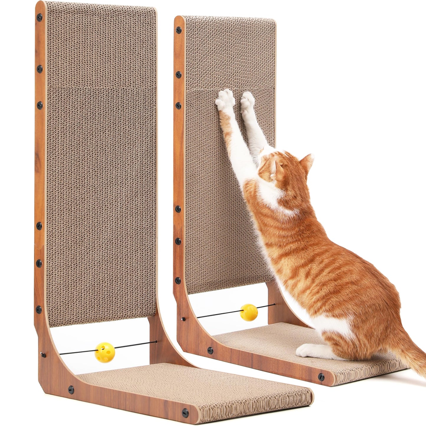 HOTFUKUMARU Cat Scratcher, 26.8 Inch L Shape Cat Scratch Pad Wall Mounted, Cat Scratching Cardboard with Ball Toy for Indoor Cats, Large Size