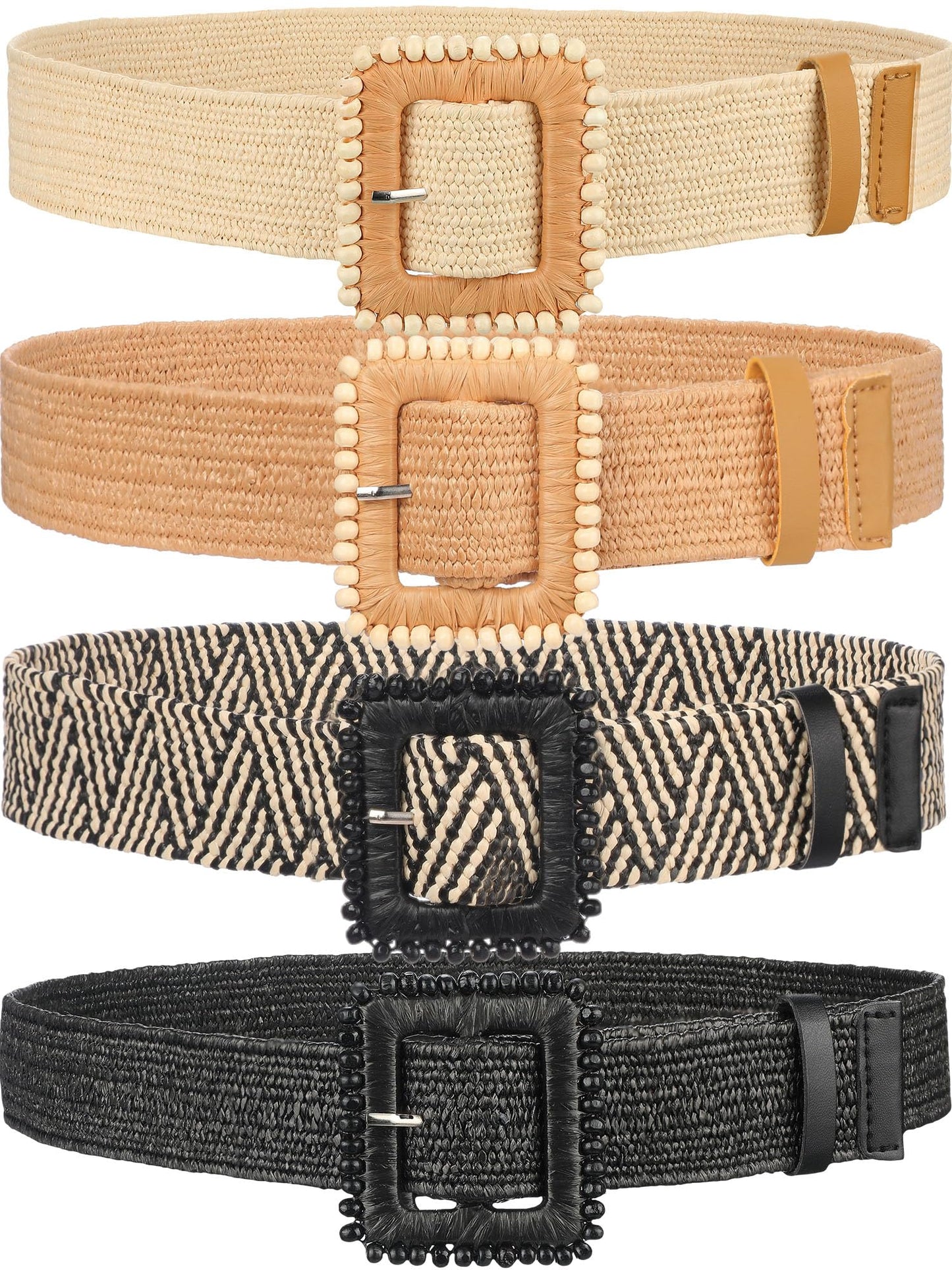 HOTWILLBOND 4 Pcs Women's Elastic Raffia Woven Belt, Boho Rattan Buckle Stretch Straw Wide Waist Belt for Dresses Jeans Pants