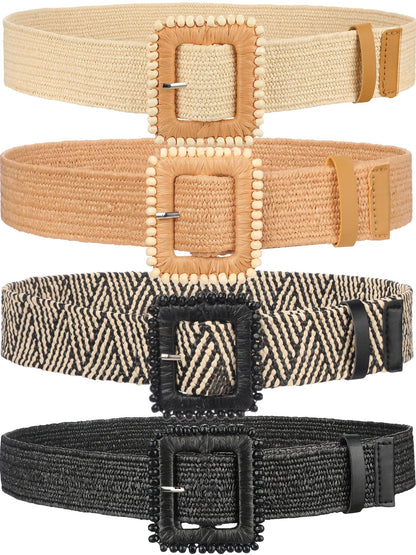 HOTWILLBOND 4 Pcs Women's Elastic Raffia Woven Belt, Boho Rattan Buckle Stretch Straw Wide Waist Belt for Dresses Jeans Pants