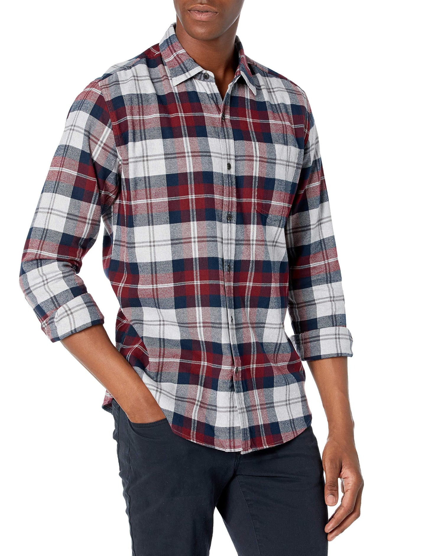 HOTAmazon Essentials Men's Regular Fit Long-Sleeve Flannel Shirt, Soft Brushed Cotton, Lightweight yet Warm