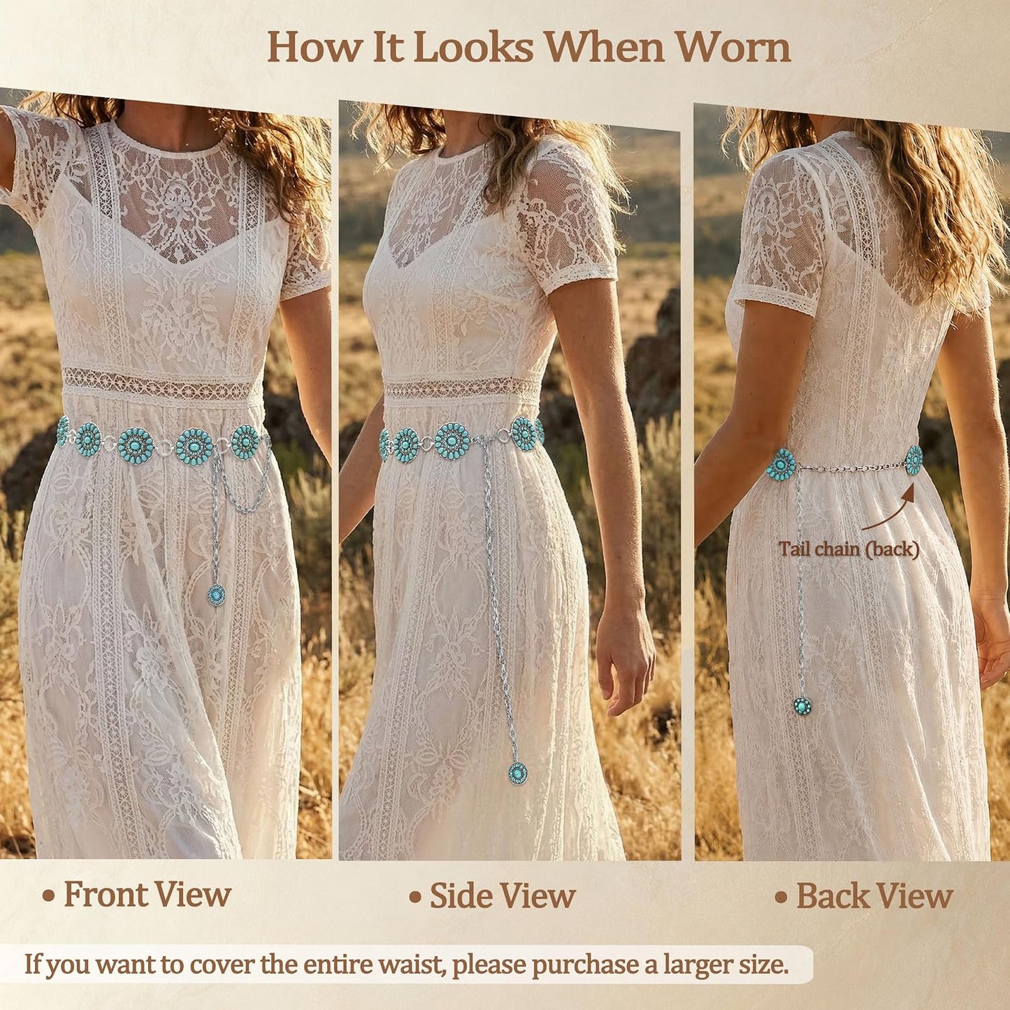 HOTTurquoise Chain Belt for Women, Western Cowgirl Concho Belt | Turquoise Concho Accents with Silver Chains for Western, Cowgirl, Rodeo, Festival and Denim Looks