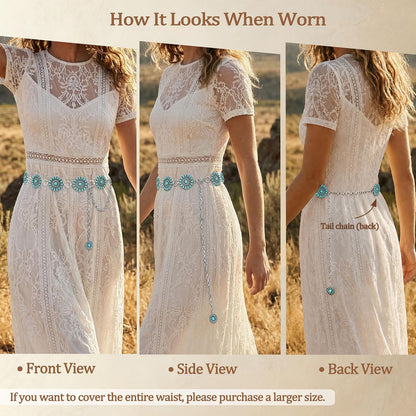 HOTTurquoise Chain Belt for Women, Western Cowgirl Concho Belt | Turquoise Concho Accents with Silver Chains for Western, Cowgirl, Rodeo, Festival and Denim Looks