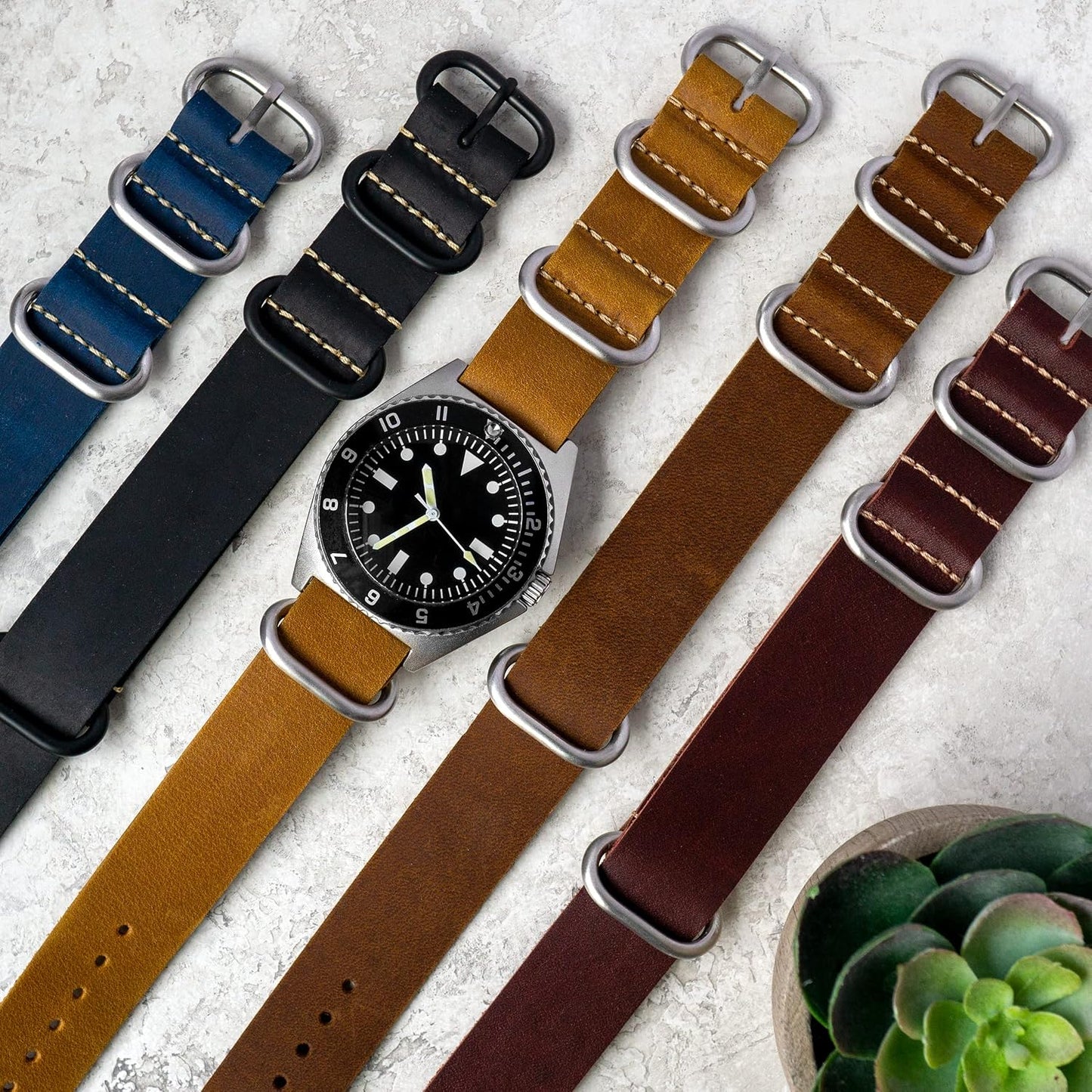 HOTBenchmark Leather Watch Band - Crazy Horse Oiled Leather One-Piece Military Watch Strap - Brushed Stainless-Steel Hardware - 18mm, 20mm, 22mm or 24mm Widths