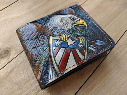HOTAmerican Flag Bald Eagle Leather Wallet for Men – Patriotic USA Military Design – RFID Genuine Leather Bifold Biker Wallet, Embossed, Carved, Tooled & Painted Wallet, Custom Personalized Gift