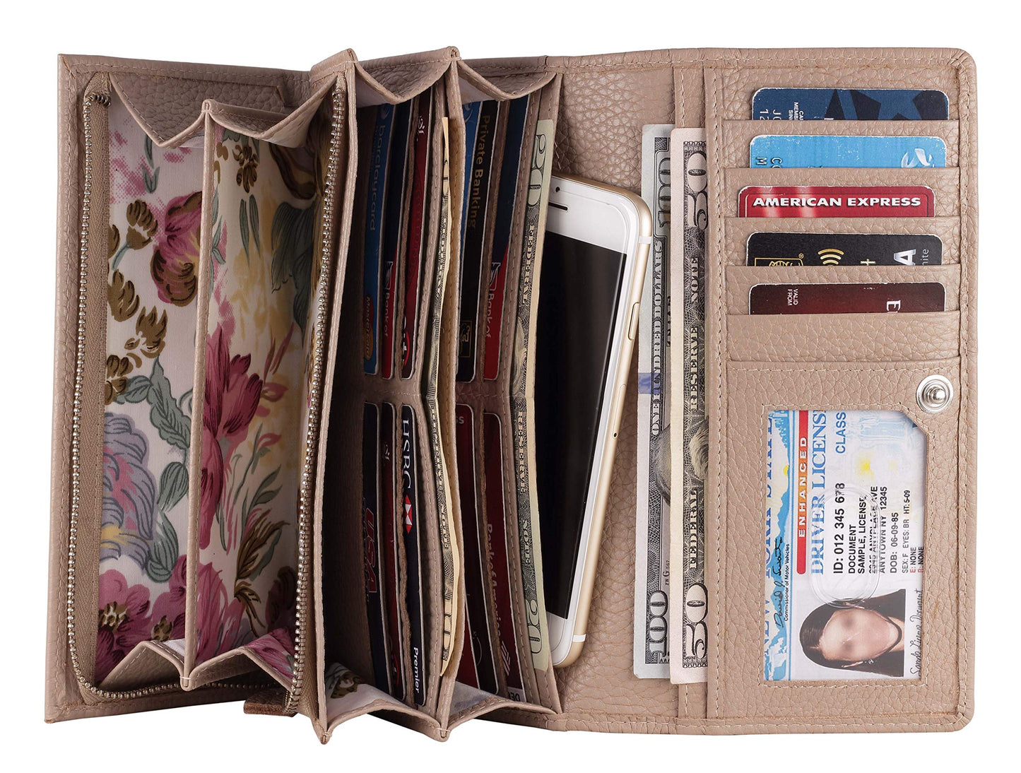 HOTWomen's Top Grain Leather Wallet, RFID Blocking Bifold clutch, 17 Card Slots, Zip Pocket Organizer, Elegant Gift for Women — Birthday, Valentine, Anniversary - TAUPE