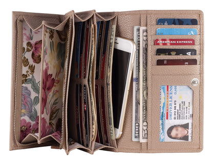 HOTWomen's Top Grain Leather Wallet, RFID Blocking Bifold clutch, 17 Card Slots, Zip Pocket Organizer, Elegant Gift for Women — Birthday, Valentine, Anniversary - TAUPE
