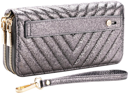 HOTB BRENTANO Vegan Leather Double Zipper Pocket Wallet with Grip Hand Strap (BLUE GLITTER)