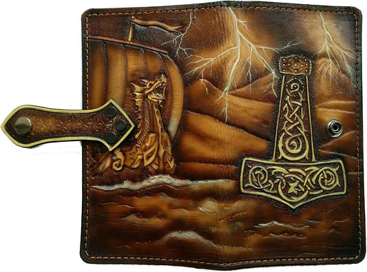 HOTKnarr, Viking Ship, Odin, Longship, Thor Hammer, Mjölnir, Men's 3D Genuine Leather Wallet, Long wallet, Biker Wallet, Handmade wallet, Carved wallet, Airbrush Art, Custom wallet, Personalized wallet