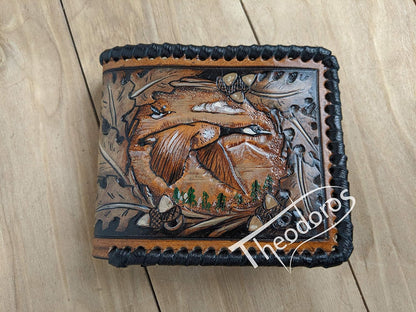 HOTAmerican Black Duck, Geese, Oak Leaf, Paysage, Goose, Hunter, Men's 3D Genuine Leather Wallet, Handmade wallet, Carved wallet, Tooled wallet, Bifold wallet, Custom wallet, Personalized wallet