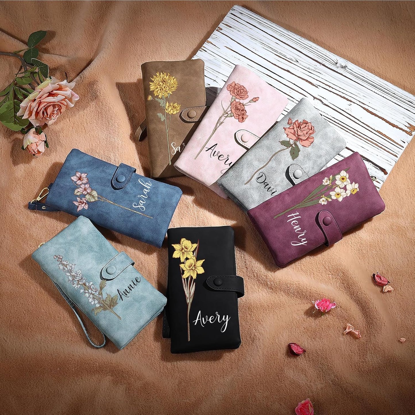 HOTPersonalized Wallet for Women, Custom Birth Flower & Name Detachable Leather Wristlet, Stylish Card Holder Purse with Zipper Large Capacity Wallet Mother's Day Gifts for Mom (Purple)