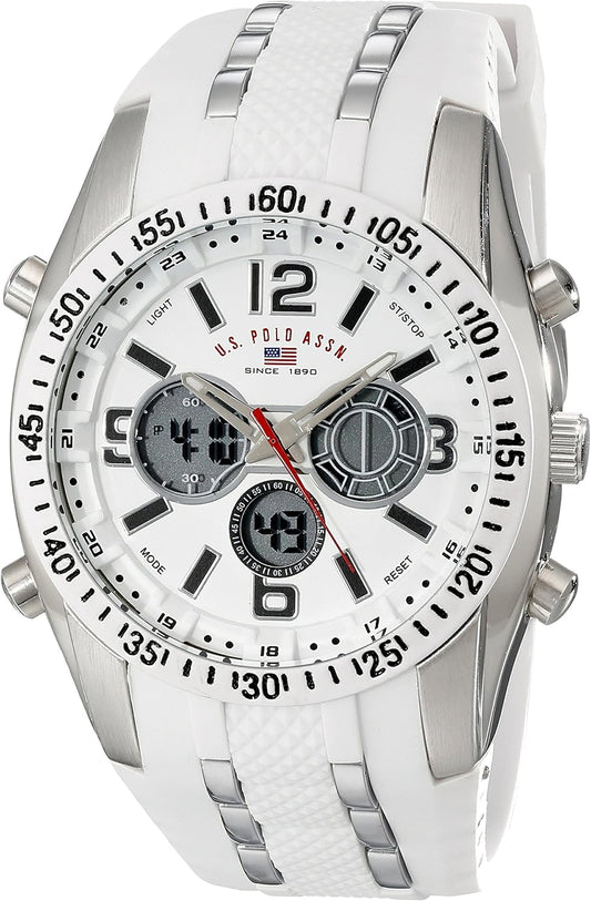 HOTU.S. Polo Assn. Men’s Sport Watch with Analog-Digital Display, Silicone Band with Silver Links, 44mm Metal Case, Alarm, Backlight, Dual Time, Buckle Closure