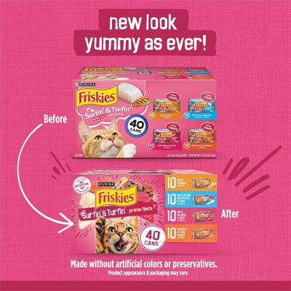 HOTPurina Friskies Gravy Wet Cat Food Variety Pack, Surfin’ and Turfin’ Prime Filets Favorites - (Pack of 40) 5.5 oz. Cans