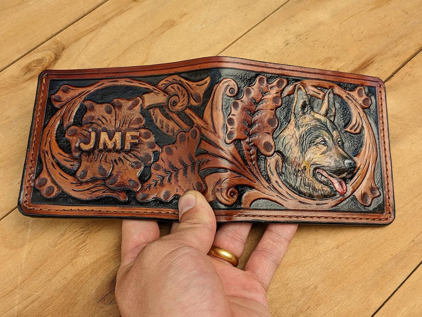 HOTGerman Shepherd, Dog, Puppy, Flower, Men's 3D Genuine Leather Wallet, Handmade wallet, Carved wallet, Tooled wallet, Airbrush Art, Bifold wallet, Custom wallet, Personalized wallet, A(5)
