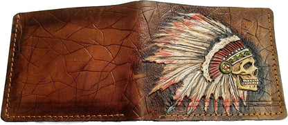 HOTIndian Chief Skull Leather Wallet for Men – Patriotic Native American Tribal Design with Feather Headdress – RFID Genuine Leather Bifold Biker Wallet, Carved & Tooled Wallet, Custom Personalized Gift
