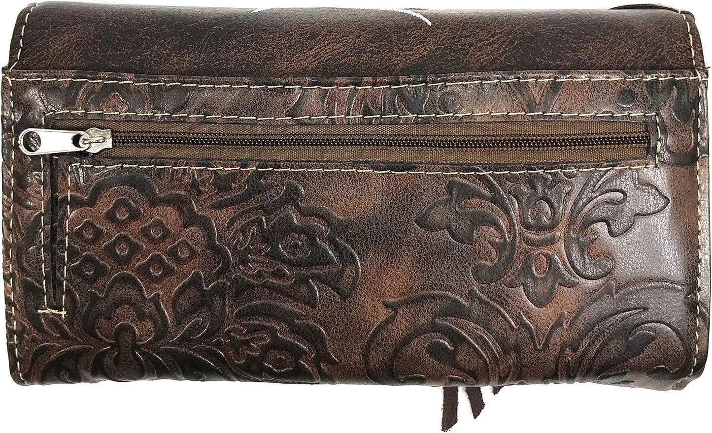 HOTZelris Women Crossbody Wallet Turquoise Concho Suede Fringe Two Tone Cowgirl Trifold Open