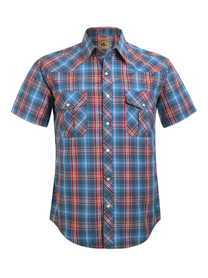 HOTCOEVALS CLUB Men's Western Cowboy Short Sleeve Pearl Snap Casual Plaid Work Shirts