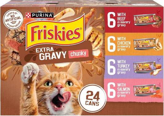 HOTPurina Friskies Extra Gravy Wet Cat Food Chunky 24ct Variety Pack (With Chicken, Turkey, Salmon, Beef) - (Pack of 24) 5.5 oz. Cans