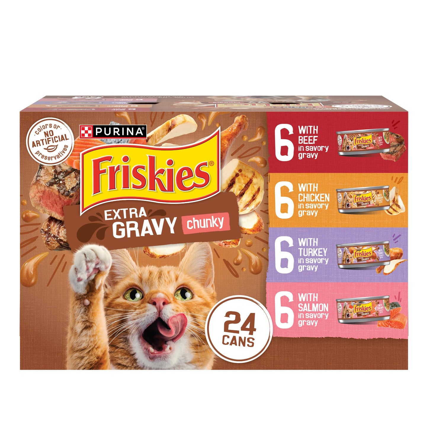 HOTPurina Friskies Extra Gravy Wet Cat Food Chunky 24ct Variety Pack (With Chicken, Turkey, Salmon, Beef) - (Pack of 24) 5.5 oz. Cans