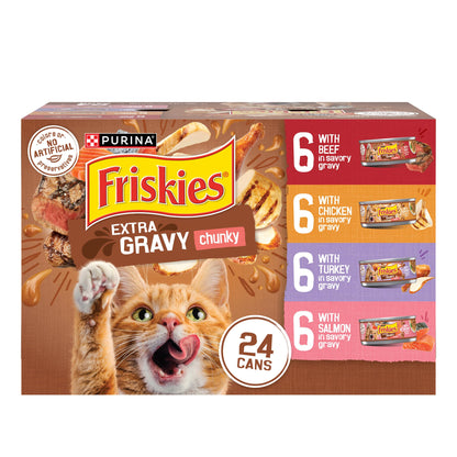 HOTPurina Friskies Extra Gravy Wet Cat Food Chunky 24ct Variety Pack (With Chicken, Turkey, Salmon, Beef) - (Pack of 24) 5.5 oz. Cans