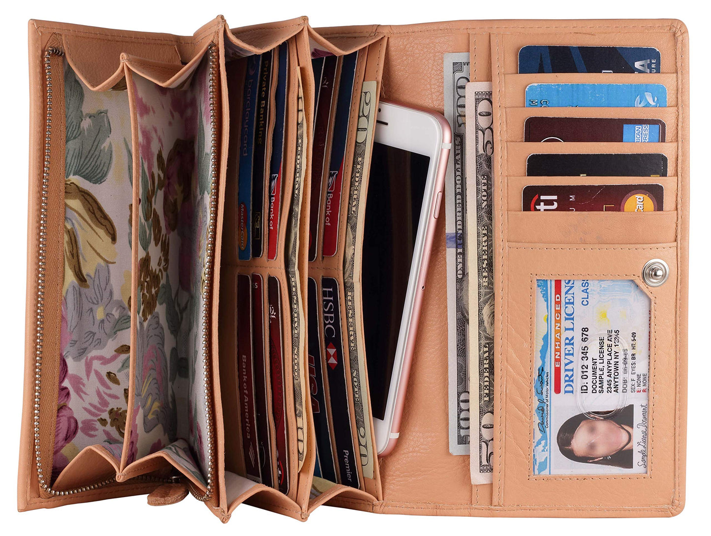 HOTWomen's Top Grain Leather Wallet, RFID Blocking Bifold clutch, 17 Card Slots, Zip Pocket Organizer, Elegant Gift for Women — Birthday, Valentine, Anniversary - TAUPE