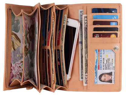 HOTWomen's Top Grain Leather Wallet, RFID Blocking Bifold clutch, 17 Card Slots, Zip Pocket Organizer, Elegant Gift for Women — Birthday, Valentine, Anniversary - TAUPE