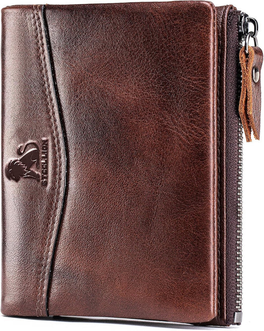 HOTWallet for Women, RFID Blocking Leather Zip Wallet, 10 Card Slots | Genuine cowhide,clear ID window,zip coin pocket,snap closure,ideal for daily carry (Coffee)