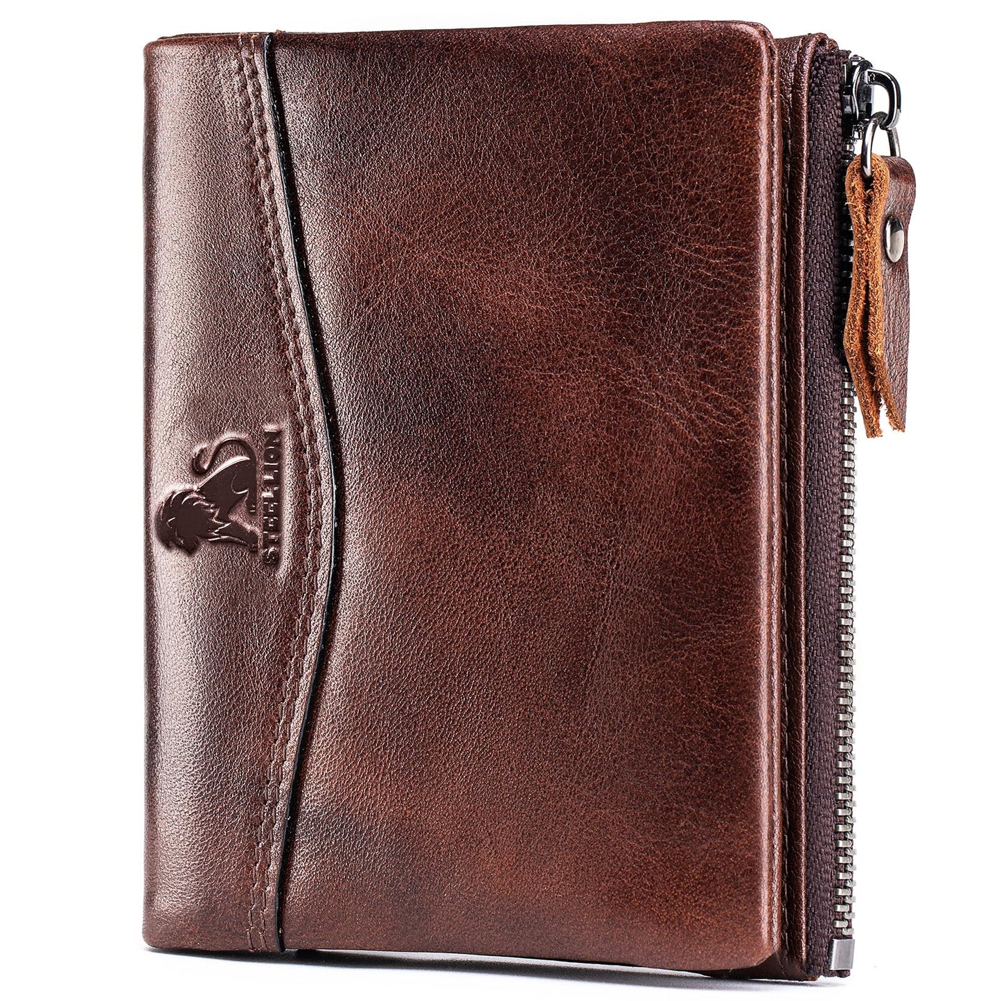HOTWallet for Women, RFID Blocking Leather Zip Wallet, 10 Card Slots | Genuine cowhide,clear ID window,zip coin pocket,snap closure,ideal for daily carry (Coffee)