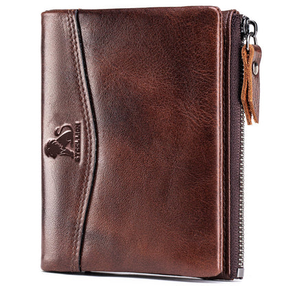 HOTWallet for Women, RFID Blocking Leather Zip Wallet, 10 Card Slots | Genuine cowhide,clear ID window,zip coin pocket,snap closure,ideal for daily carry (Coffee)