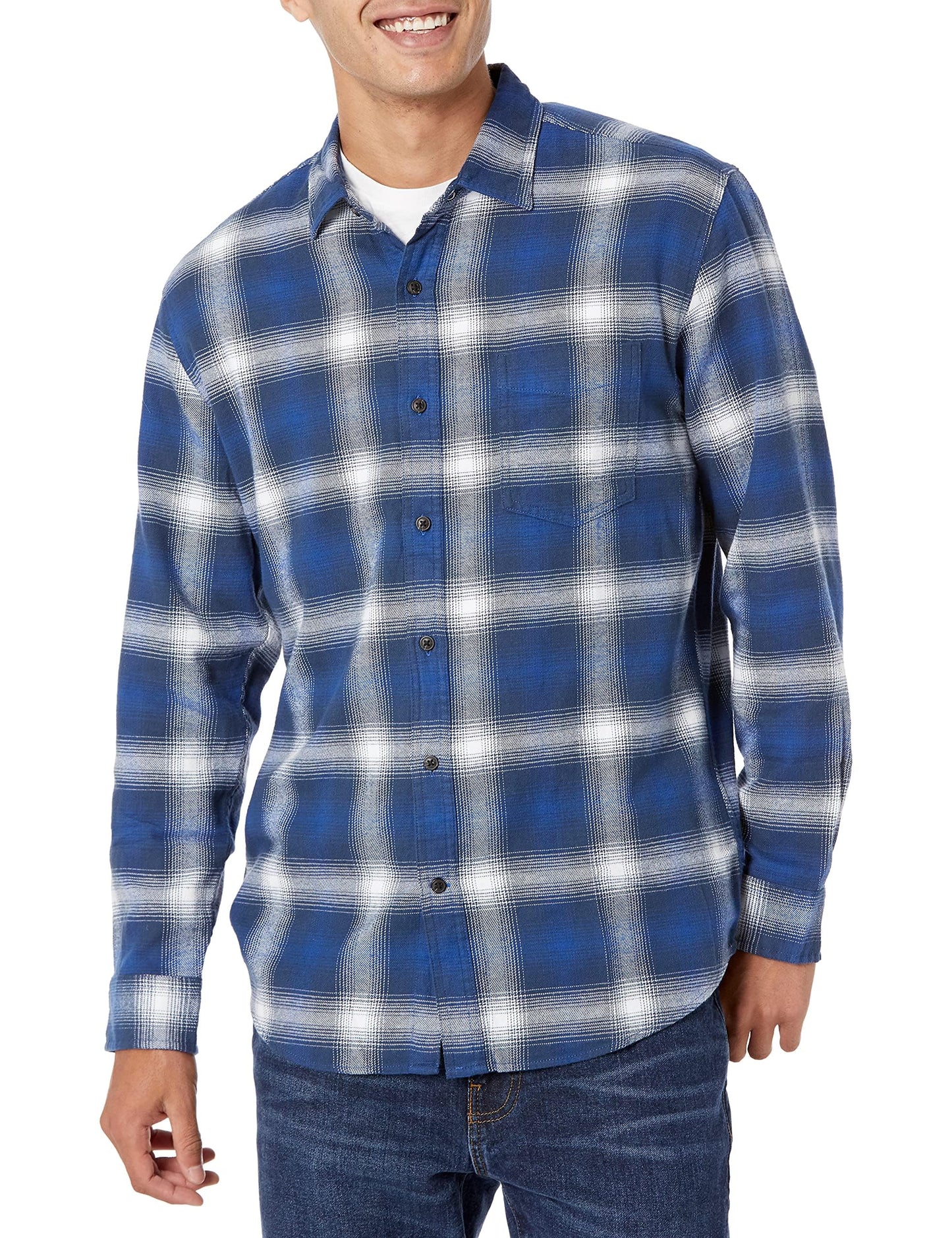 HOTAmazon Essentials Men's Regular Fit Long-Sleeve Flannel Shirt, Soft Brushed Cotton, Lightweight yet Warm