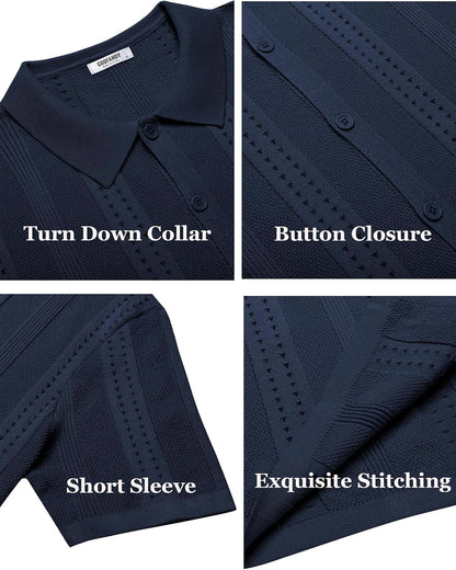 HOTCOOFANDY Men's Knit Shirts Short Sleeve Button Down Polo Shirt Fashion Casual Summer Beach Shirts