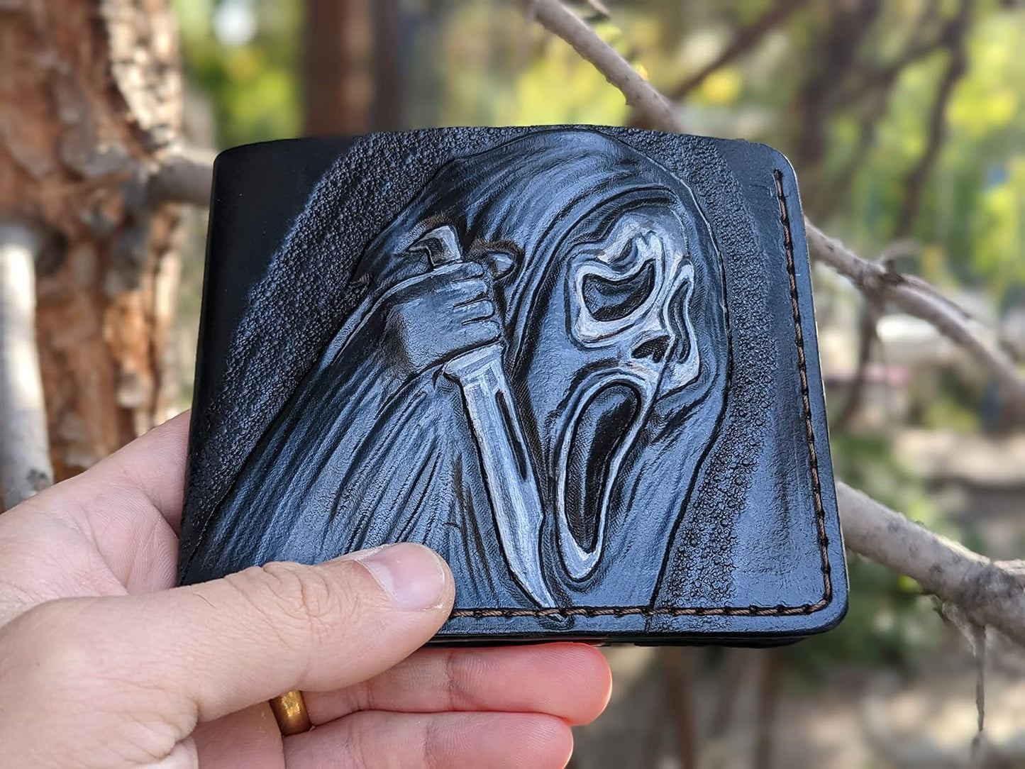 HOTSkull, Bone, Jaw, Skeleton, Mask, Knife, Men's 3D Genuine Leather Wallet, Handmade wallet, Carved wallet, Tooled wallet, Airbrush Art, Bifold wallet, Custom wallet, Personalized wallet