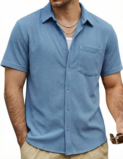 HOTVATPAVE Mens Casual Waffle Shirt Short Sleeve Button Down Summer Shirts | Beach, Untucked, Camp, Daily, Work, Family Photo, Old Money, Vacation, Collared, Wedding, Date, Cruise, Going Out, Pocket