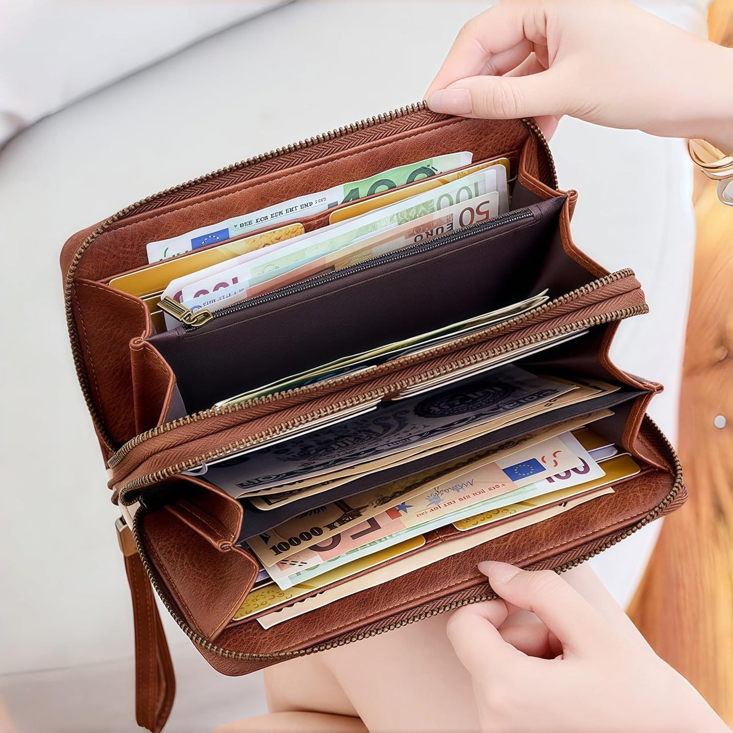 HOTLarge Capacity Women's Leather Wallet - RFID Blocking Double Zipper Around Wristlet Clutch Credit Card Holder