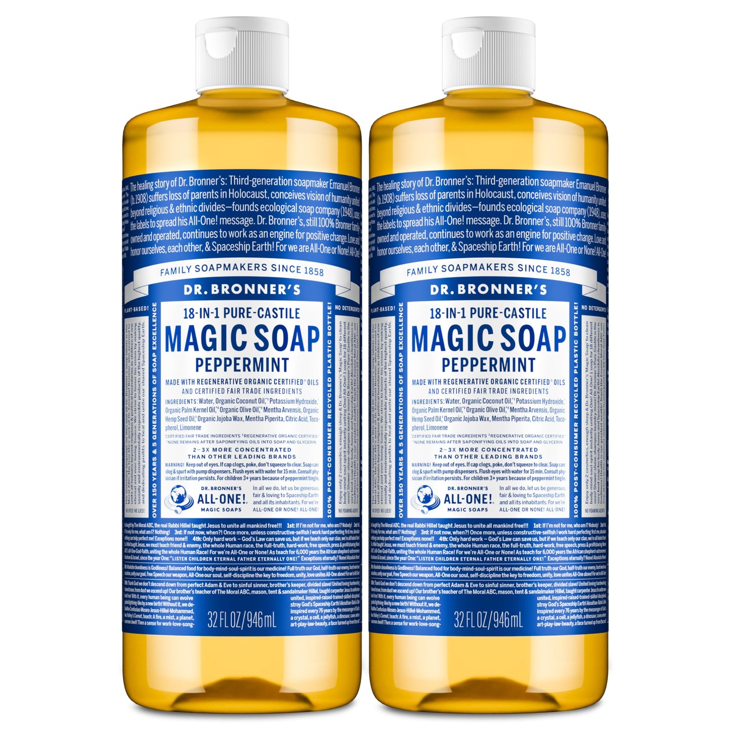 HOTDr. Bronner's Pure-Castile Magic Liquid Soap - Made with Regenerative Organic Certified Oils- 18-in-1 Uses for Face, Body, Hand, Hair, Laundry & More- Vegan, Non-GMO- Body Wash- Peppermint,32oz