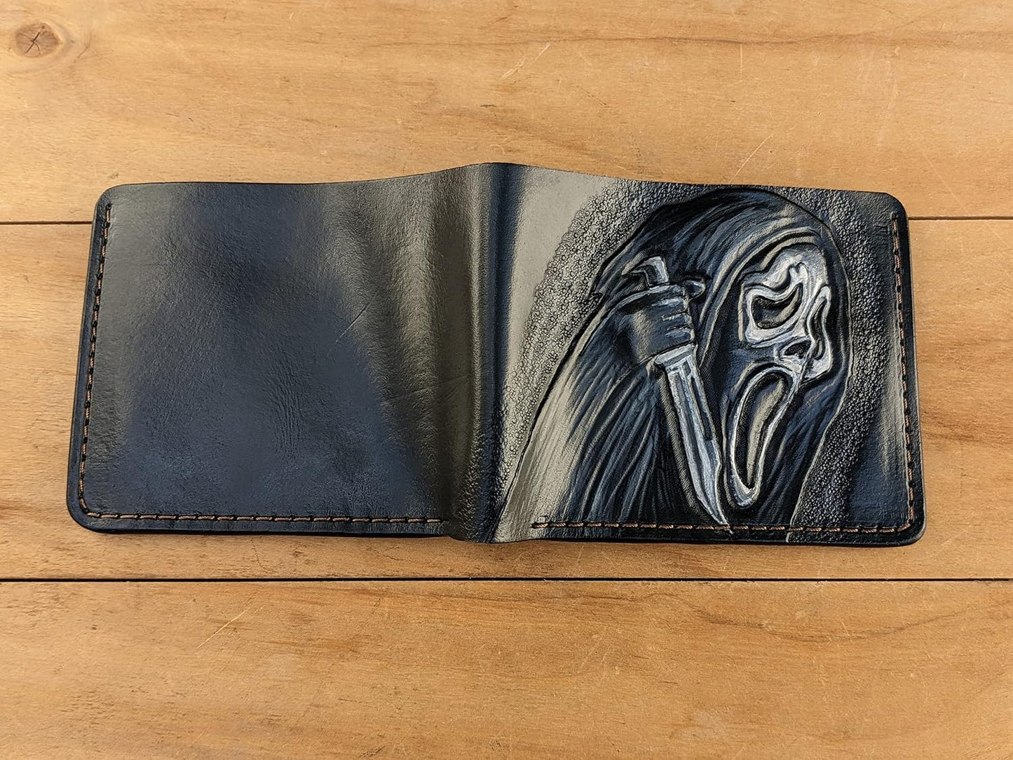 HOTSkull, Bone, Jaw, Skeleton, Mask, Knife, Men's 3D Genuine Leather Wallet, Handmade wallet, Carved wallet, Tooled wallet, Airbrush Art, Bifold wallet, Custom wallet, Personalized wallet