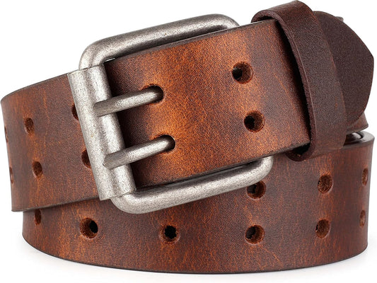 HOTF&L CLASSIC Leather Work Belt, Heavy Duty Double Prong full grain Leather Belts for Men 1 1/2", Mens Casual Belts for Jeans